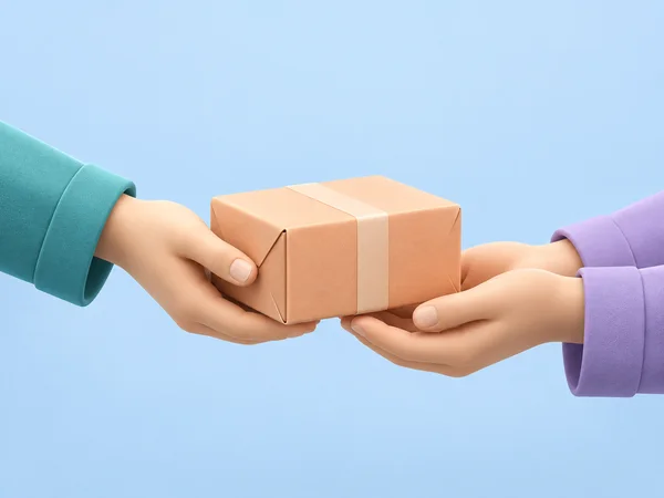 A peach-colored parcel with a pale sealing strip is passed between two cropped hands, one in a teal sleeve and the other in a lavender sleeve, against a pale…