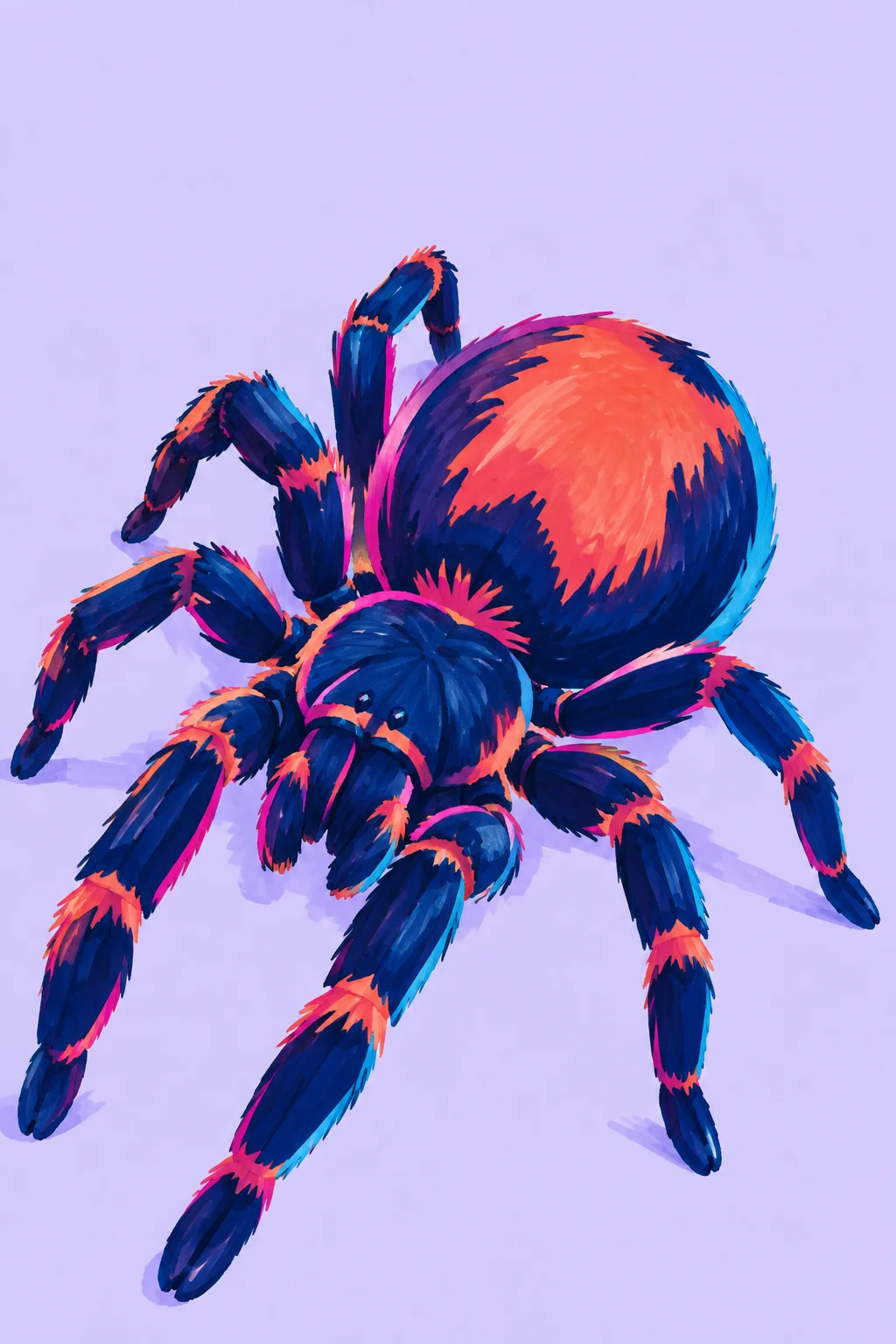 A large dark indigo tarantula with a coral-orange abdomen and vivid pink and cyan accents fills the lower part of a pale lavender background, leaving open…