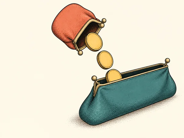 A coral clasp purse tips three gold coins toward an open, elongated teal clasp purse on a warm cream background; stippled ink contours and a dotted ground…