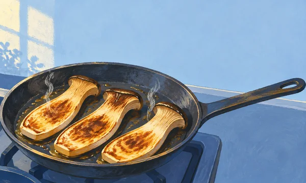 Three golden-brown king oyster mushroom slices cook in a dark shallow skillet on a muted-blue stovetop, with the long handle extending to the right and pale…