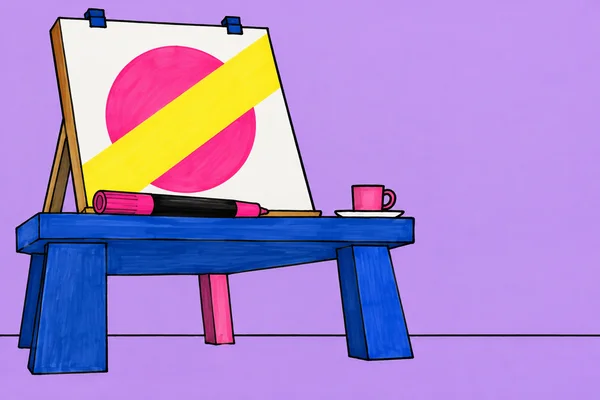 A hand-drawn illustration of a chunky cobalt-blue desk supporting a tall white drawing board with a magenta circle crossed by a yellow diagonal band.