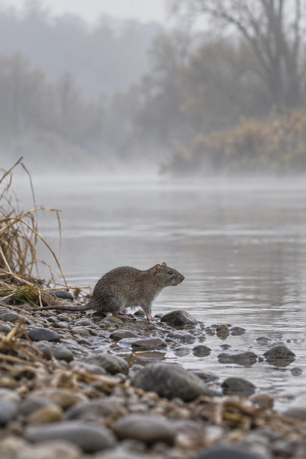 A brown rat stands in profile on wet riverbank pebbles, with dry reeds at the left and misty water and blurred trees behind it.