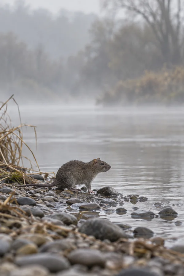 A brown rat stands in profile on wet riverbank pebbles, with dry reeds at the left and misty water and blurred trees behind it.
