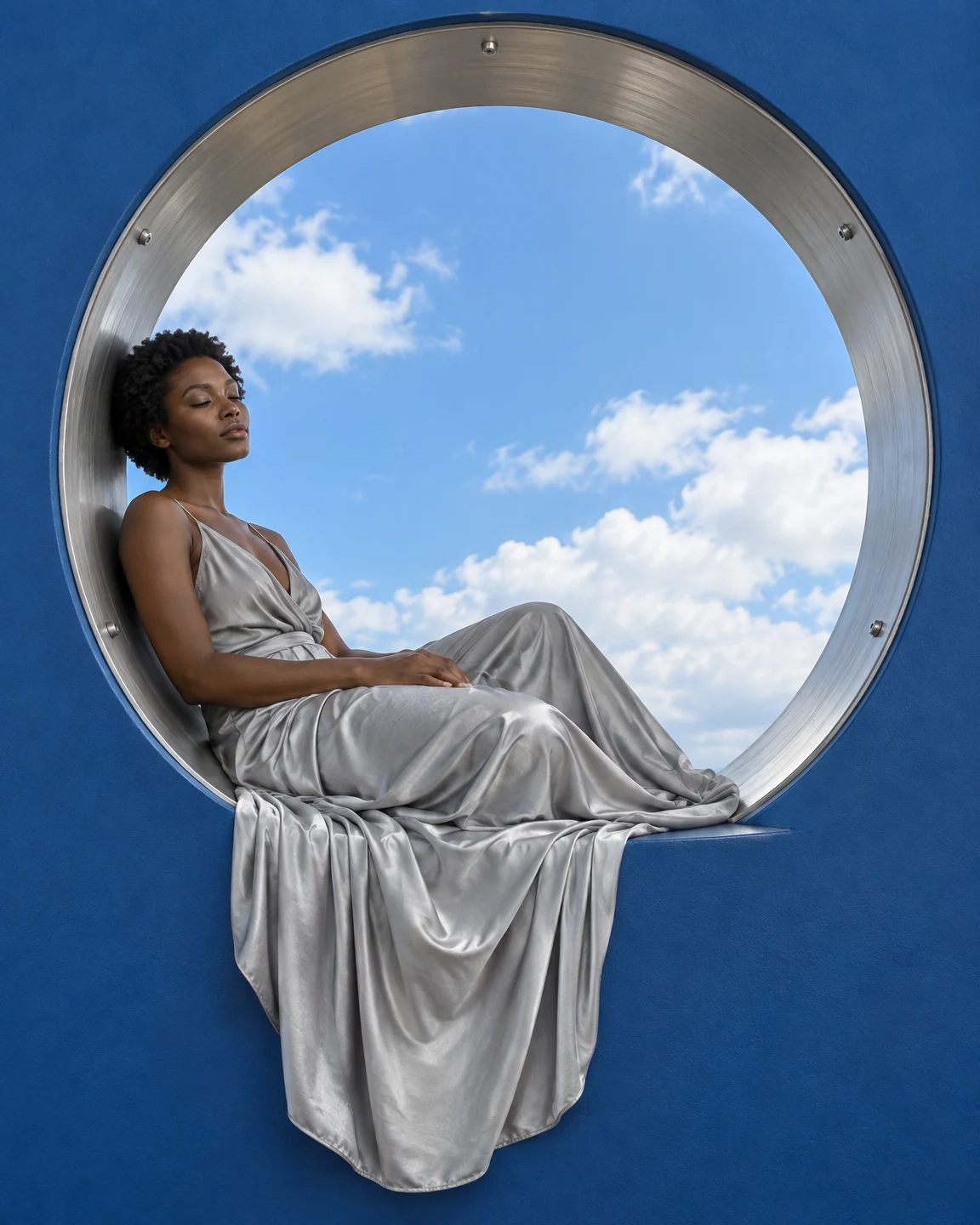 A woman with short natural coils reclines in a large circular steel-lined opening in a cobalt-blue wall.