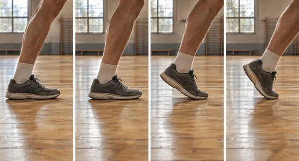 Four side-view frames show a runner’s lower leg and charcoal shoe on a polished timber floor in an empty sports hall, progressing from a flat-footed stance to…