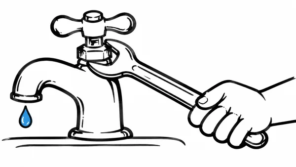 A hand-drawn black marker illustration shows a large cross-handle faucet with a hexagonal collar, an open-ended wrench fitted around it and held by a cropped…