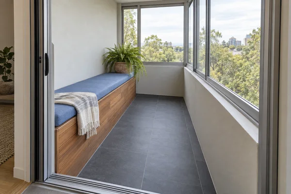 A compact enclosed apartment balcony viewed through an open sliding doorway, with a cedar bench, blue cushion and draped light-colored throw along the left…