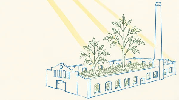 A long, low factory building is drawn in blue outline with a tall narrow chimney; two leafy saplings rise from a planted bed visible through the open roof…