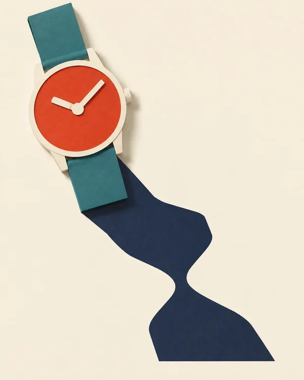A layered-paper wristwatch with a teal strap and large vermilion face lies on warm ivory paper; its two broad ivory hands sit above a dark navy shadow that…