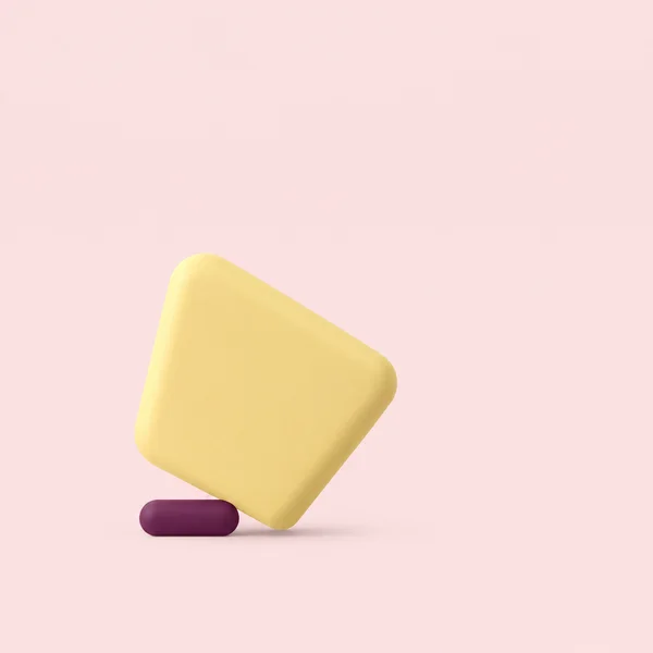 A large rounded butter-yellow geometric slab tilts above a small horizontal dark-plum capsule against a pale blush background, with soft shadows and generous…