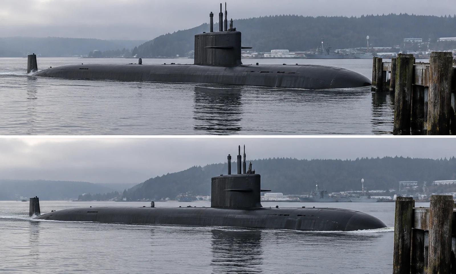 Two stacked views show a surfaced dark submarine moving rightward through a harbor, with wet timber pilings in the foreground and wooded hills across the water.