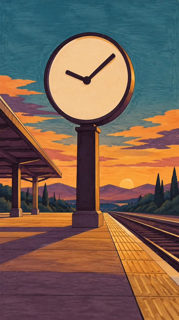 A large cream-faced station clock on a dark rectangular post dominates an empty platform, with rails receding on the right and a canopy on the left beneath a…