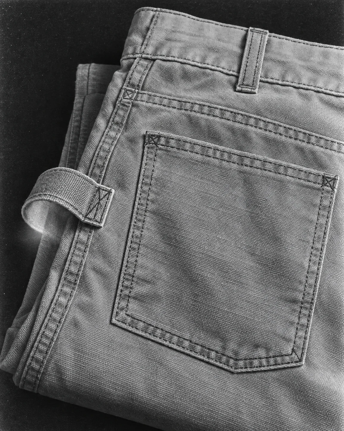 A black-and-white close-up of folded work trousers, with a large stitched back pocket and a raised fabric loop against a dark background.