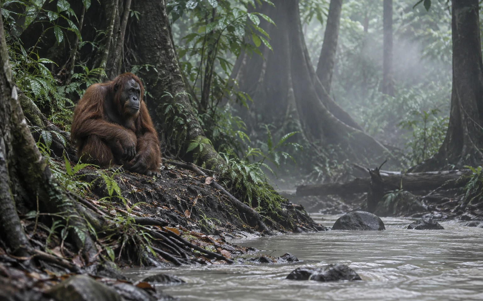 An adult orangutan sits on a dark, root-covered bank beside a pale stream in a misty forest, with ferns and tall tree trunks surrounding it.