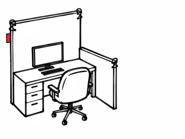 A hand-drawn black-marker illustration of an empty office cubicle, with a desk, blank monitor, keyboard, drawer unit and swivel chair; a small red tab marks…