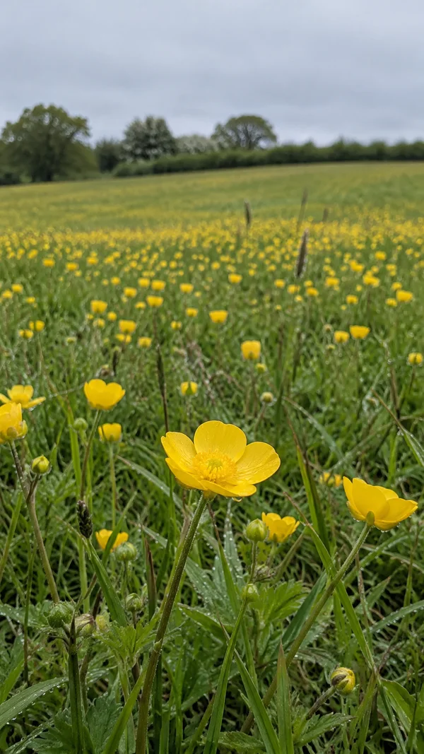 A sharp yellow buttercup stands among wet grass and nearby blooms in the foreground of a flower-filled green meadow, with a blurred hedgerow and trees beneath…