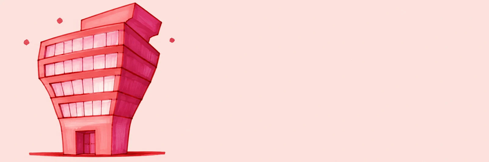 A hand-drawn red and magenta office tower with a narrow base, swollen upper floors, and an oversized crown stands on the left against a pale blush background…