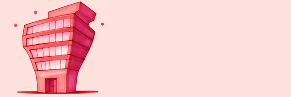 A hand-drawn red and magenta office tower with a narrow base, swollen upper floors, and an oversized crown stands on the left against a pale blush background…