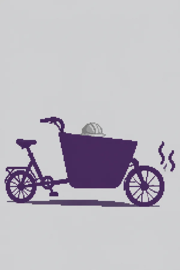A blocky dark-violet cargo bicycle in side view sits on pale gray ground, with a silver hard hat above the cargo box and two wavy marks beside the larger wheel.
