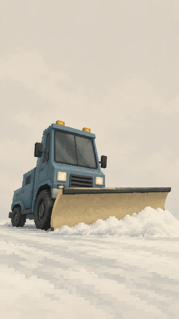 A smoke-blue snowplow truck with dark tyres and a broad sand-coloured blade pushes into an ivory snowbank on a pale snowy ground, leaving a large area of open…