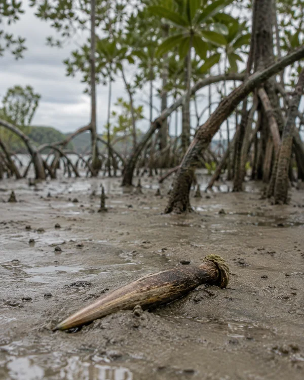 A long, weathered brown mangrove propagule lies diagonally on wet grey-brown mud, with arching roots, slim trunks, green leaves and a cloudy sky behind it.