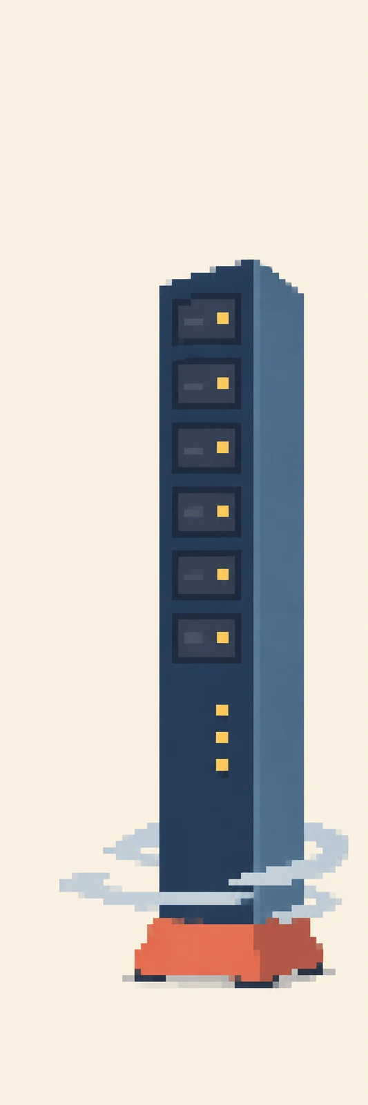 A tall navy server cabinet with six stacked drive bays and yellow status lights stands on a broad coral pedestal against a warm ivory background.